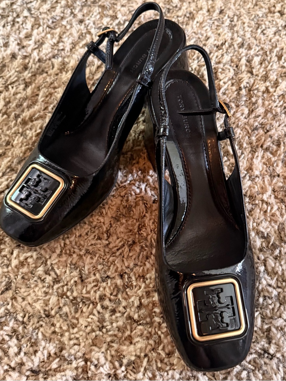 Tory Burch Black Patent Slingback Pumps with Gold Logo Plaque